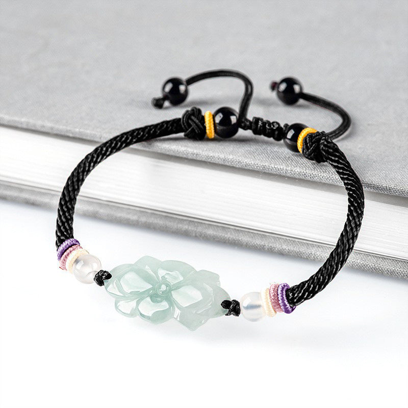 Natural A-Grade Jadeite Lotus Bracelet – Handmade Woven Cord Jewelry, Adjustable Lucky Charm for Men & Women