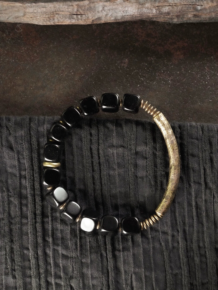 Obsidian & Brass Tibetan Vintage Couple Bracelet – Grounding & Protection