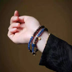 Natural Kyara Agarwood Micro Bead Bracelet with Blue Kyanite Crystal – Double Wrap (4mm Beads)