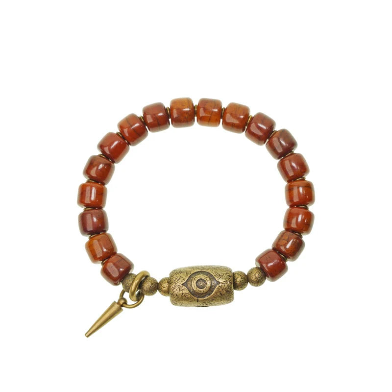 Tibetan Handmade Yak Bone Beaded Bracelet with Brass Dzi Beads and Vintage Brass Accents
