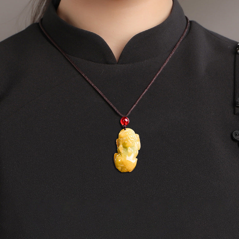 Natural Burmese A-Grade Jadeite Pixiu Pendant – Yellow-Tinted Jade, Protective Talisman