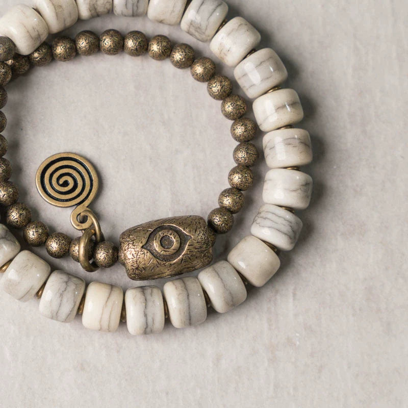 Tibetan Handmade Double-Wrap Yak Bone Bracelet with Brass Dzi Beads and Vintage Brass Accents
