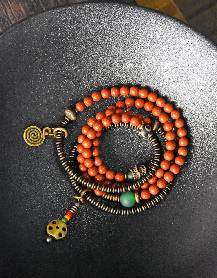 Vintage Wrap Bracelet · Red Agate, Ebony Wood & Brass · Multi-Layer Long Strand for Men and Women