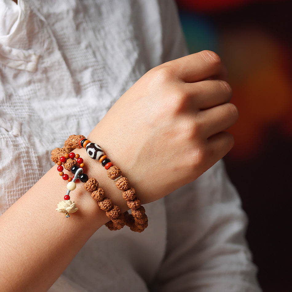 Original Form Small Rudraksha Double Wrap Bodhi Bracelet with Boxwood Carved Lotus Pendant