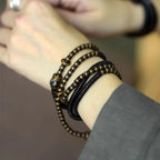 Ebony Wood Bracelet · Retro Brass & Wood Mix with Tiger Eye Pendant · Long Strand Wrap