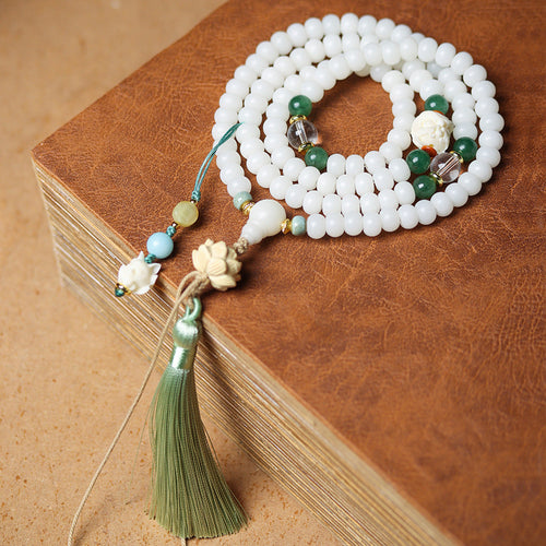 108 Mala Beads White Jade Bodhi Bracelet with Little Fox Pendant