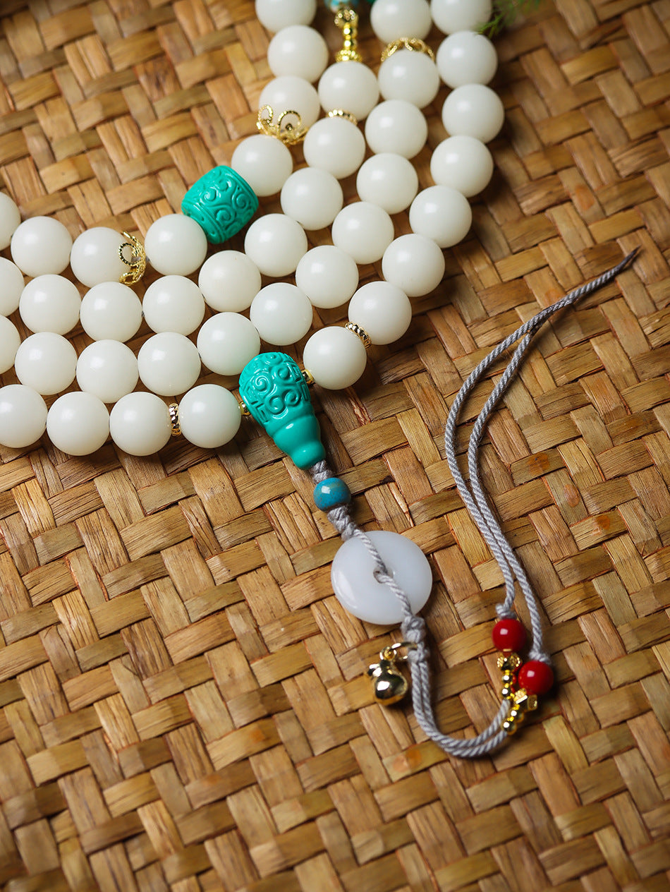 High-Polish White Jade Bodhi 108 Mala Beads Necklace with Turquoise-Look Accents and Safety Buckle – Sweater Chain Crossbody Style