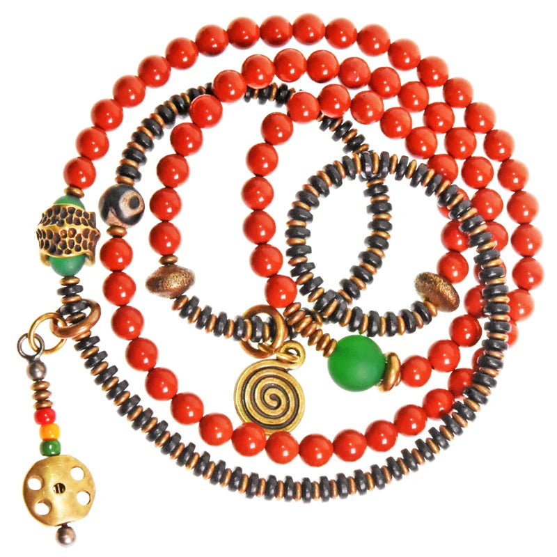 Vintage Wrap Bracelet · Red Agate, Ebony Wood & Brass · Multi-Layer Long Strand for Men and Women