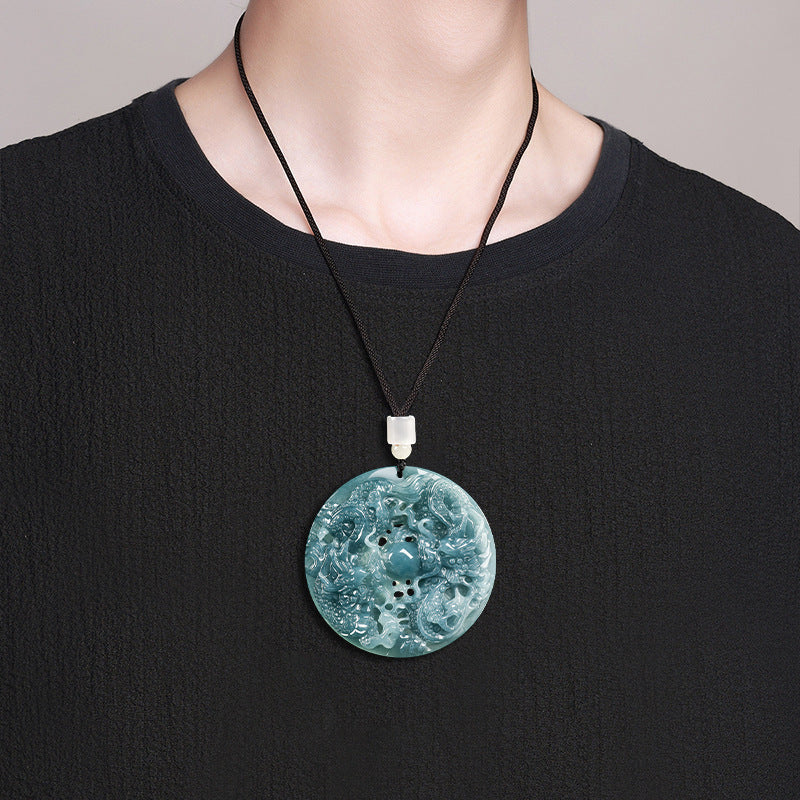 Natural Ice Blue Jadeite Double Dragon “Playing with the Pearl” Pendant – A-Grade Blue Water Jade Zodiac Dragon Talisman