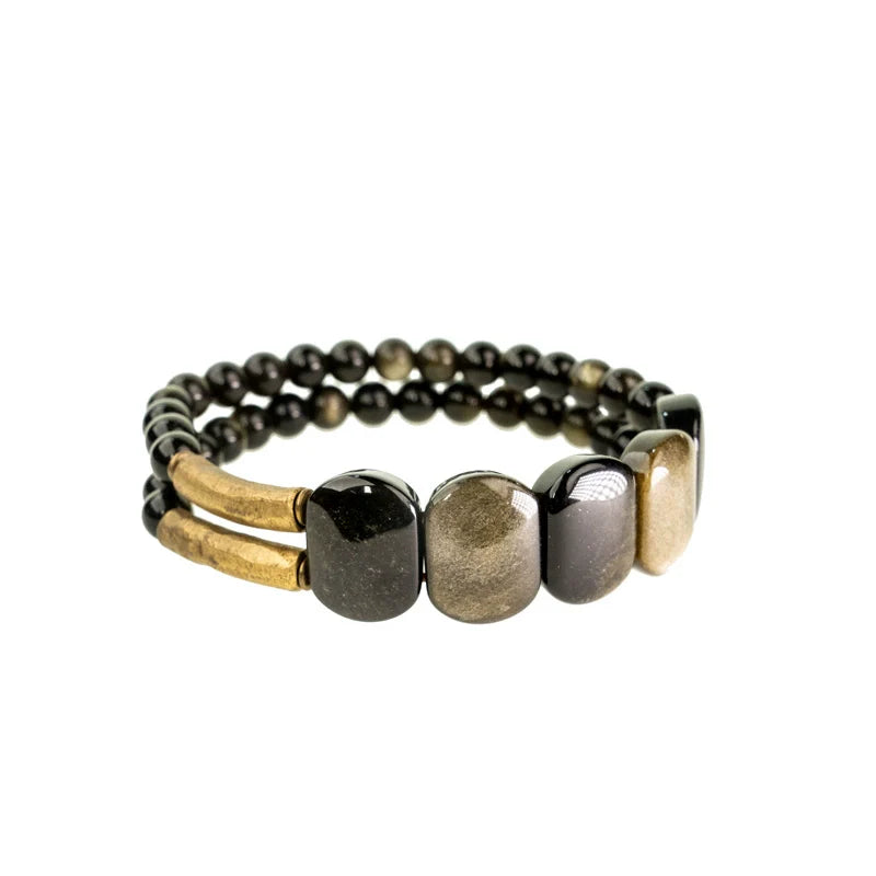 Natural Black Obsidian & Cat’s Eye Gold Obsidian Double-Layer Bracelet for Men & Women