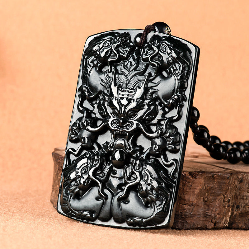 Natural A-Grade Black Jadeite Five Dragons Guardian Pendant