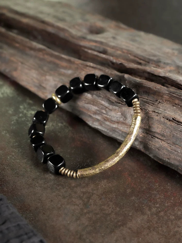 Obsidian & Brass Tibetan Vintage Couple Bracelet – Grounding & Protection
