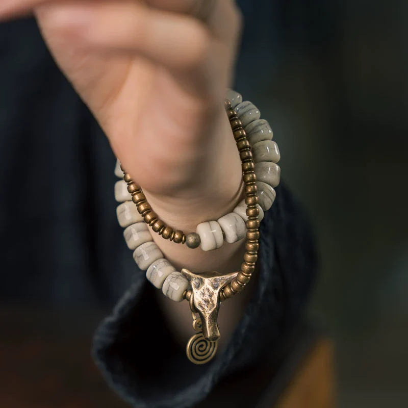 Men’s Bracelet with Natural Yak Bone Beads and Brass Bull Head Accent