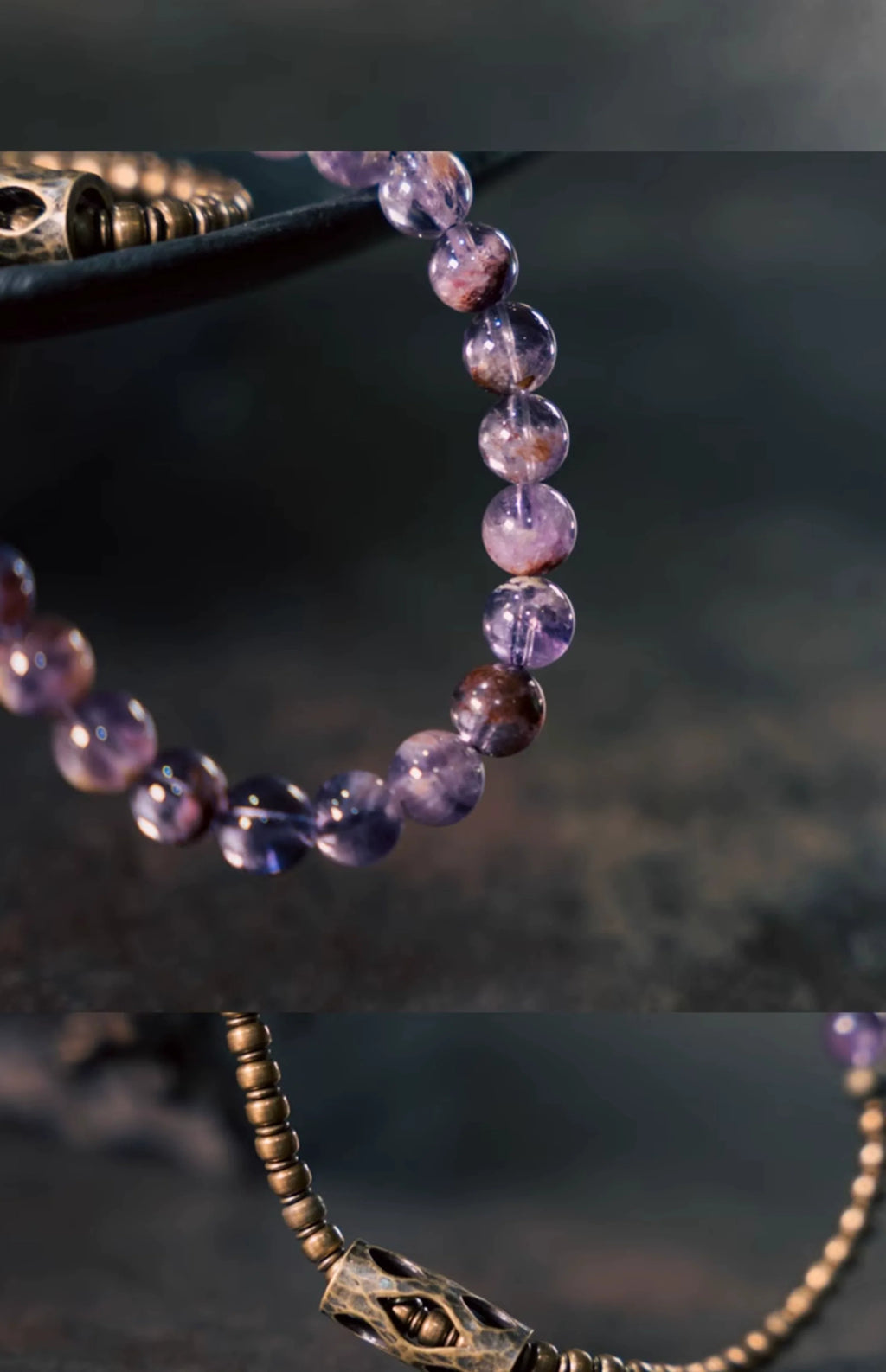 Vintage Double-Wrap Amethyst Phantom Quartz Bracelet – Brass Accents & Spiritual Style