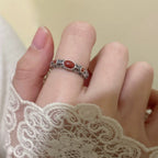 Adjustable S925 Silver Ring Vintage Sterling Silver Open Ring with Red Agate
