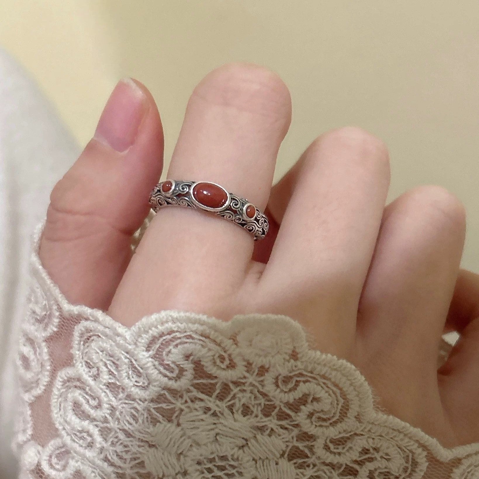 Adjustable S925 Silver Ring Vintage Sterling Silver Open Ring with Red Agate