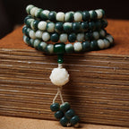 108 Mala Beads Gradient Green Bodhi Bracelet with Carved Lotus Pendant