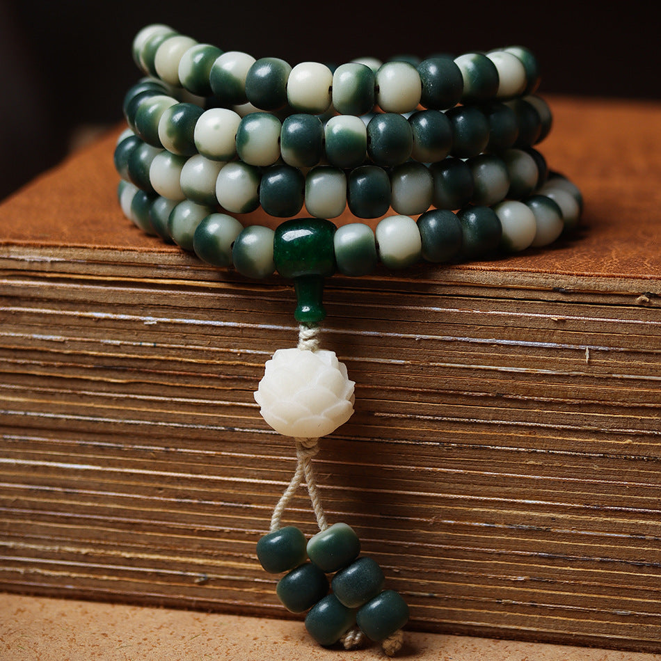 108 Mala Beads Gradient Green Bodhi Bracelet with Carved Lotus Pendant