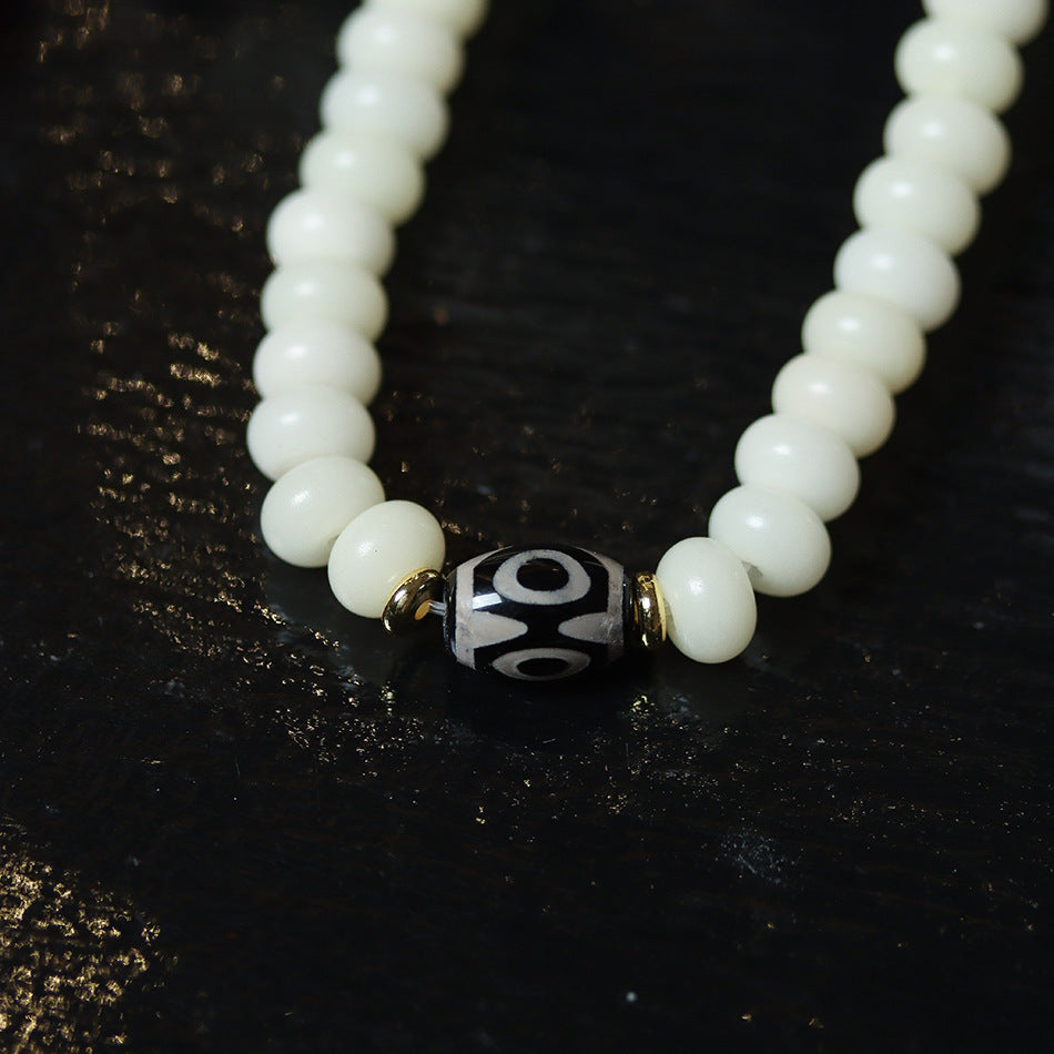 108 Mala Beads White Jade Bodhi Beads Bracelet with Boxwood Carved Heart Sutra Guru Bead