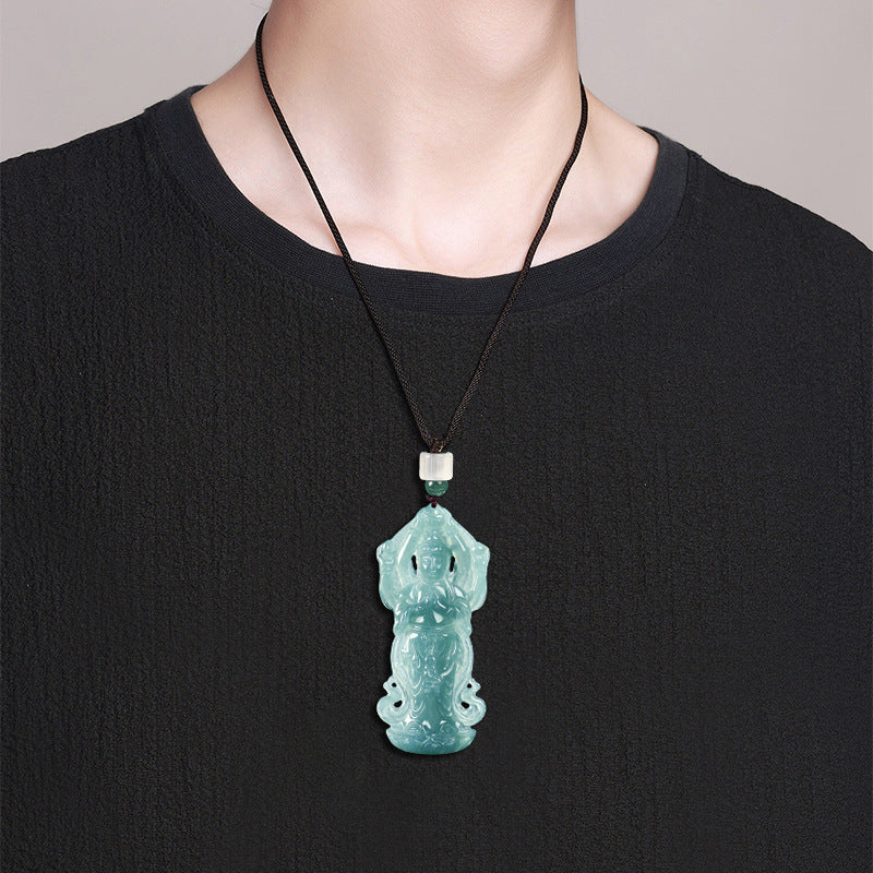 Natural Blue Water Jadeite Thousand-Armed Guanyin Pendant – Zodiac Rat Guardian Buddha