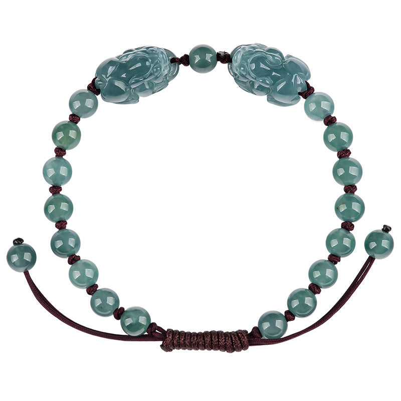 Natural A-Grade Blue Ice Jadeite Double PiXiu Handwoven Bracelet