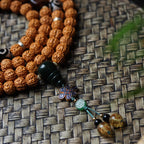 Dragon Vein Exploding Texture Rudraksha 108 Mala Beads Bracelet with Alxa Agate Accents