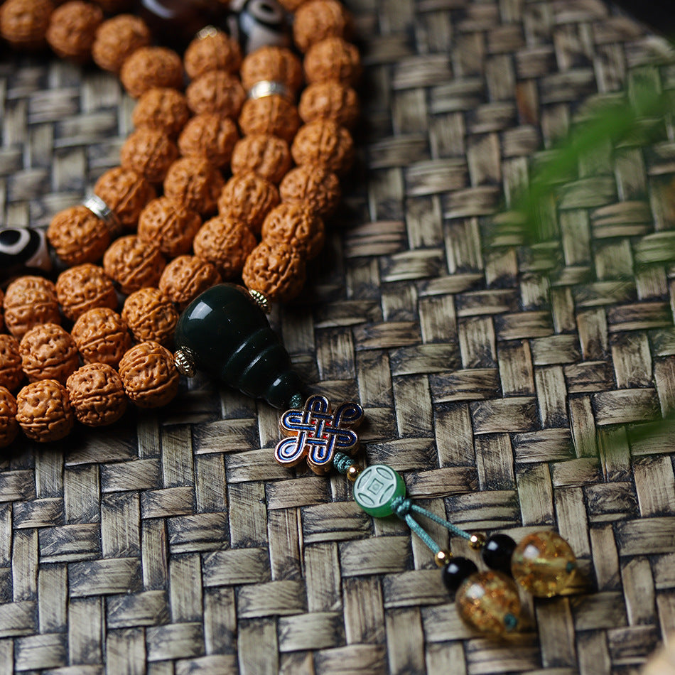 Dragon Vein Exploding Texture Rudraksha 108 Mala Beads Bracelet with Alxa Agate Accents