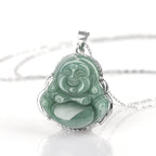 Natural Jade Laughing Buddha Pendant S925 Silver Inlaid Necklace for Women