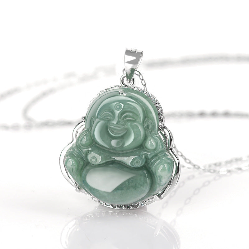 Natural Jade Laughing Buddha Pendant S925 Silver Inlaid Necklace for Women
