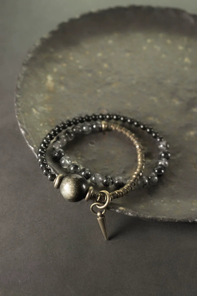 Obsidian & Black Rutilated Quartz Brass Bracelet for Protection & Focus