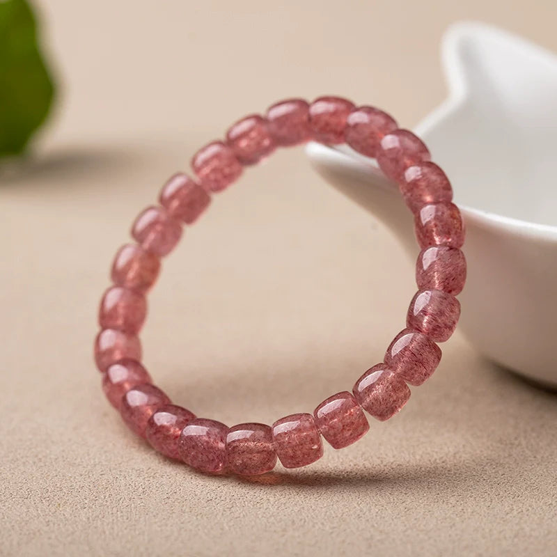 7A Natural Clear Red Strawberry Quartz Bracelet – Premium Straight-Cut Design, Multiple Bead Shapes Available