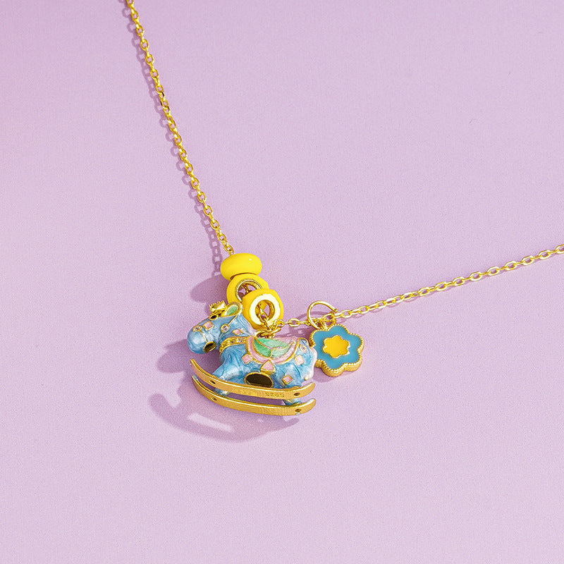 Wooden Horse Necklace for Women – S925 Silver Macaron Enamel Mini Horse Pendant Celebrating the Year of the Horse