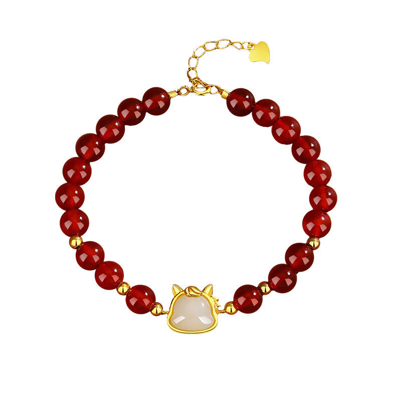 Women’s S925 Silver Red Agate Lucky Horse Bracelet, Retro Chinese Zodiac Year Jewelry