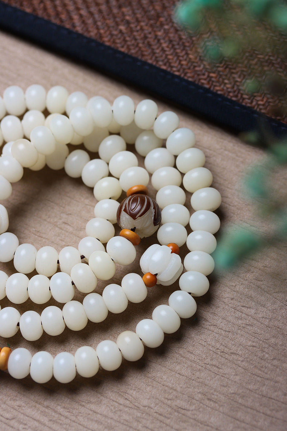 White Jade Bodhi 108 Mala Beads Bracelet with Hand-Carved Lotus Beads and Olive Pit Spacers