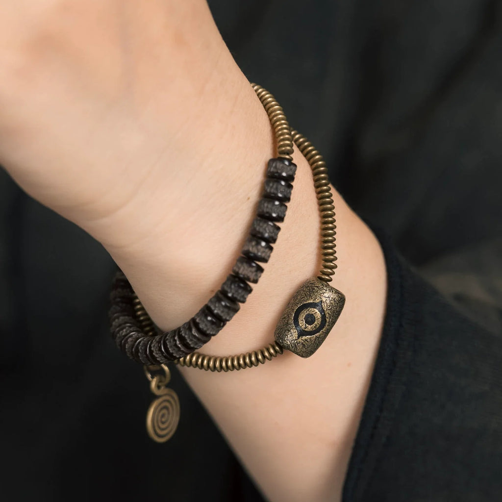 Tibetan Handmade Double-Wrap Coconut Shell & Brass Dzi Bracelet · Earthborn Wisdom, Sacred Protection