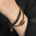 Tibetan Handmade Double-Wrap Coconut Shell & Brass Dzi Bracelet · Earthborn Wisdom, Sacred Protection