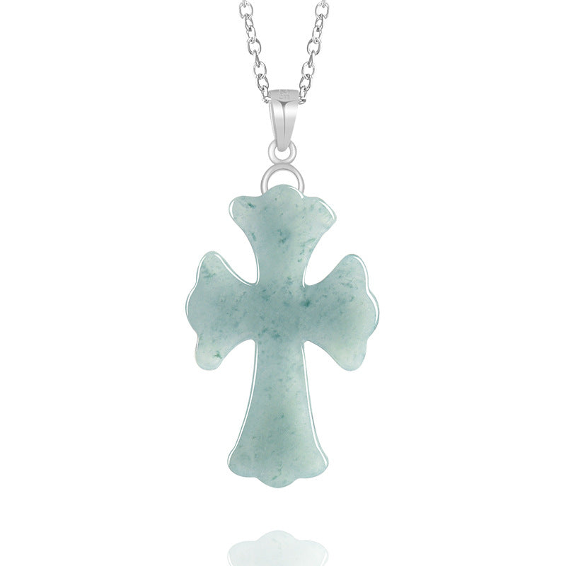 Natural Ice Blue Jadeite Cross Pendant – A-Grade Blue Water Jade with S925 Silver, 36mm Christian Talisman