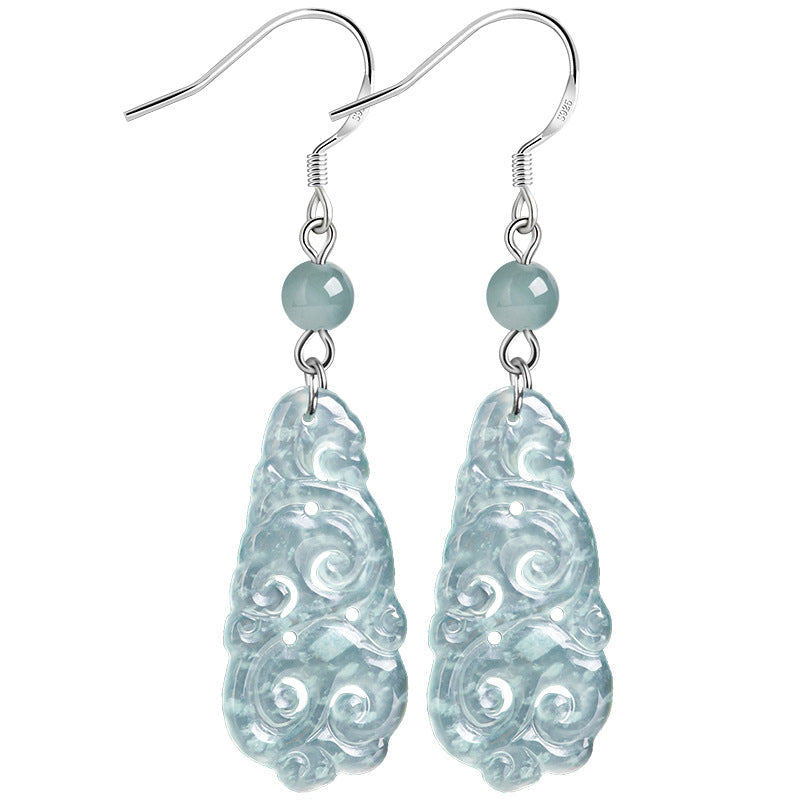 Natural A-Grade Blue Water Jadeite Ruyi Earrings – S925 Silver, Ice-Type Jade, Ancient-Style Women’s Earrings
