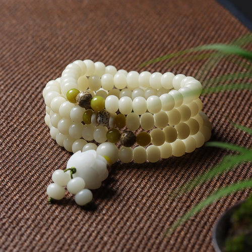 108 Mala Beads White Jade Bodhi Bracelet with Five-Layer Lotus Charm
