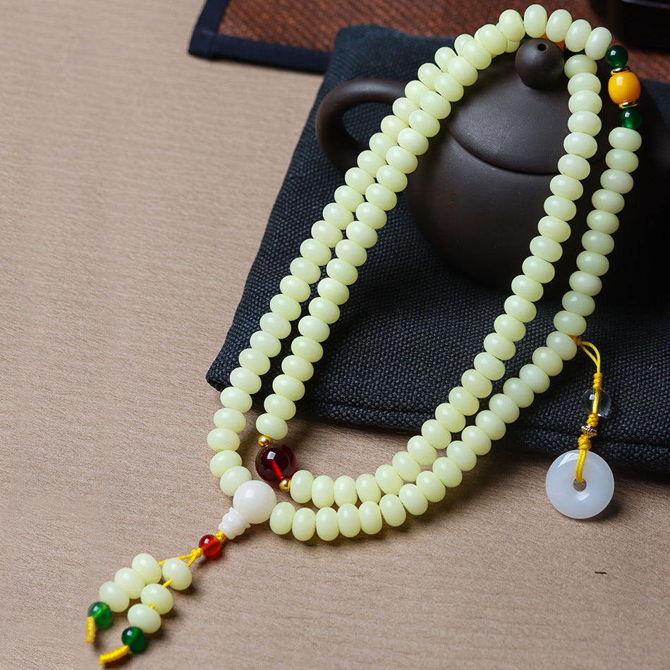 Natural Weathered Milky Yellow Bodhi Bracelet with Stone Accents – 108 Mala Beads for Women