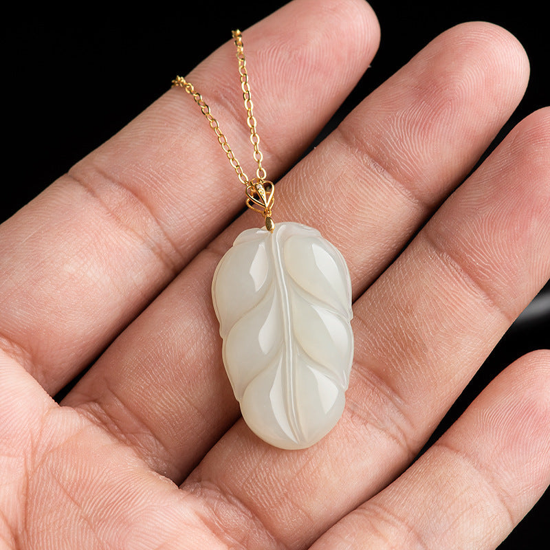 Natural Aged Hetian White Jade Gold Branch & Jade Leaf Pendant for Women