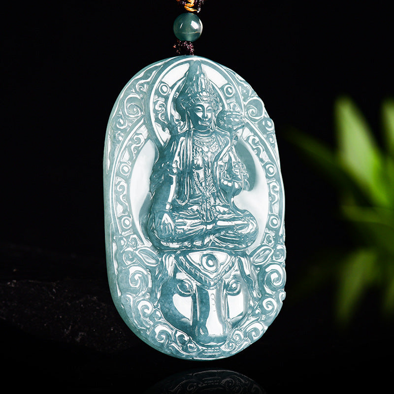Natural Ice Blue Jadeite Mahasthamaprapta Bodhisattva Pendant – A-Grade Blue Water Jade, Zodiac Horse Guardian Talisman