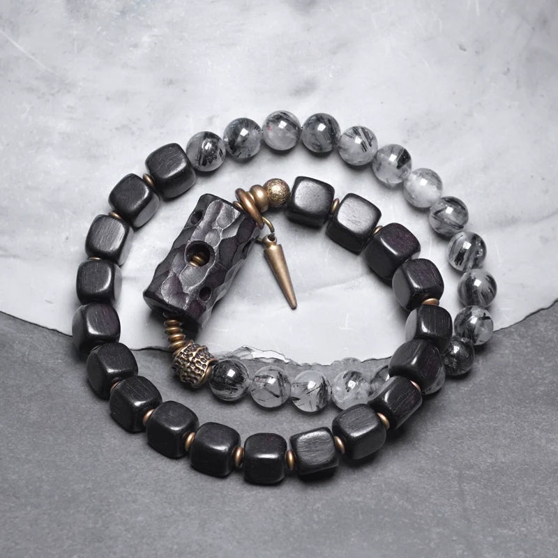 Double-Layer Black Rutilated Quartz & Ebony Wood Bracelet Men’s Vintage Protection Beads