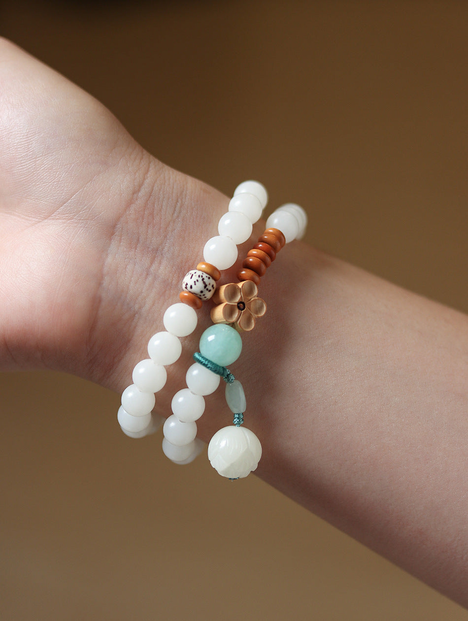 White Jade Bodhi Double Wrap Bracelet with Lotus Accent for Women