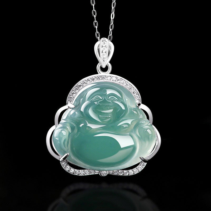 Natural Ice Blue Jadeite Buddha Pendant – A-Grade Blue Water Jade, S925 Silver Setting, 45cm Chain, Women’s Spiritual Talisman