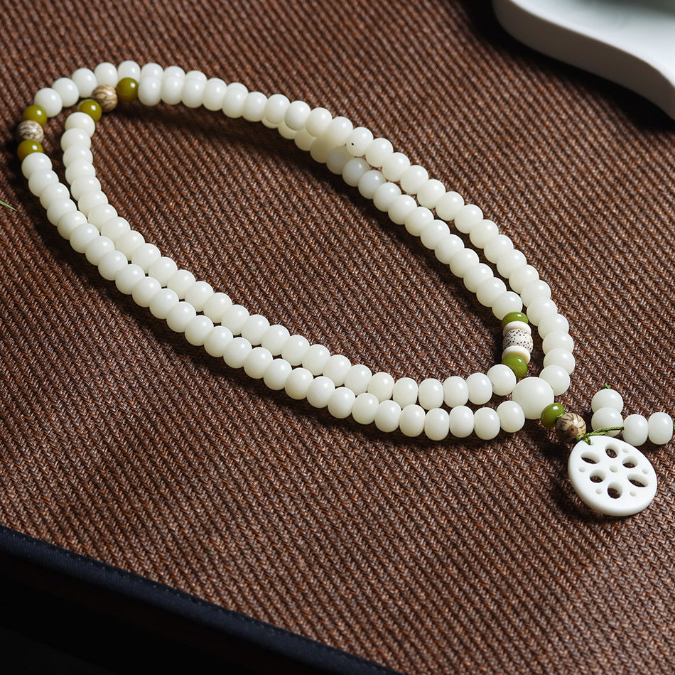 White Jade Bodhi 108 Mala Beads Bracelet with Carved Lotus Slice Pendant