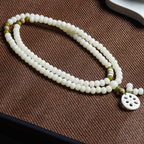 White Jade Bodhi 108 Mala Beads Bracelet with Carved Lotus Slice Pendant