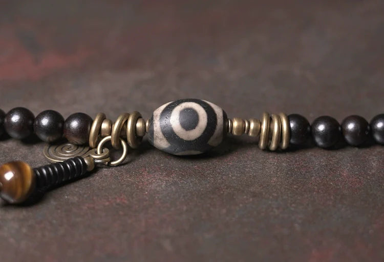 Vintage Multi-Layer Ebony Bead Bracelet with Tiger Eye & Dzi Bead for Protection