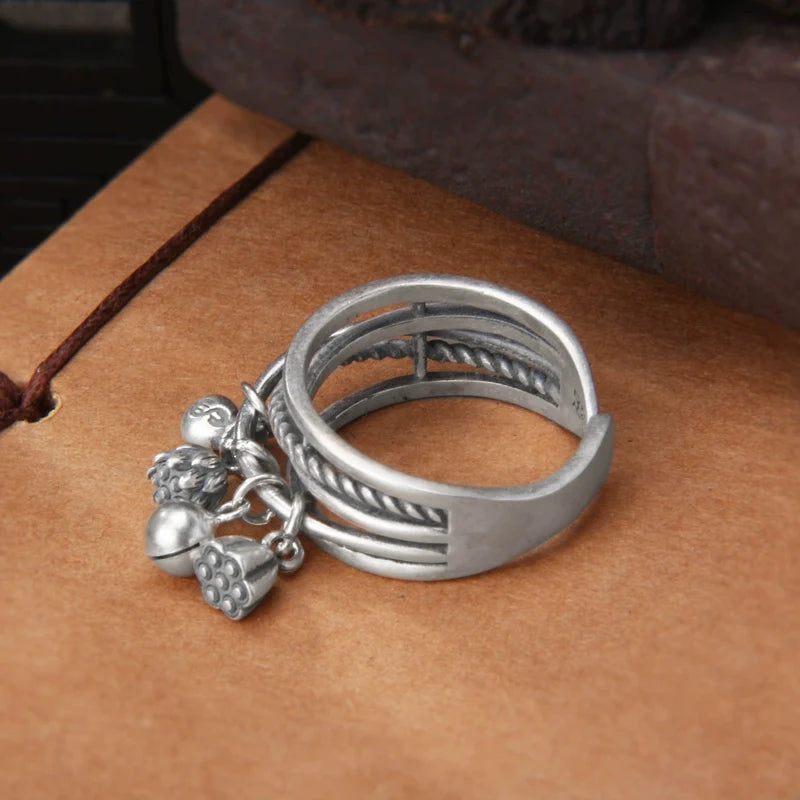 S999 Pure Silver Vintage Multi-Layer Ring with Bell, Lotus Tassel Charms