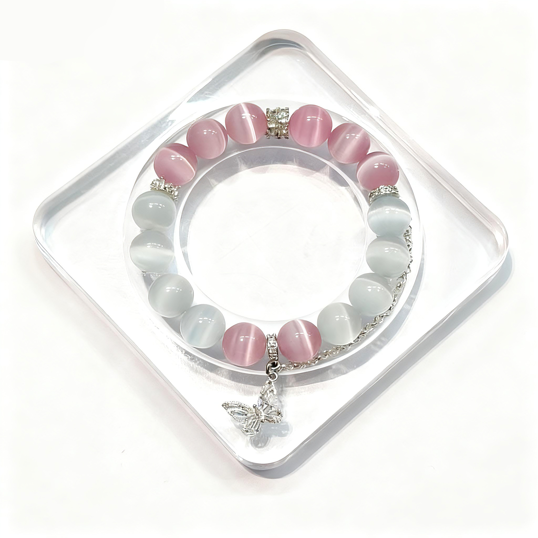Pink & White Cat Eye Crystal Bracelet with Butterfly Charm – Personalized Handmade Energy Beads